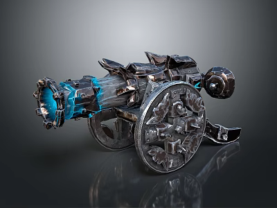 Fantasy Metallic Weapon Wheeled Cannon With Blue Glowing Accents Design 3d model