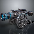 Fantasy Metallic Weapon Wheeled Cannon With Blue Glowing Accents Design