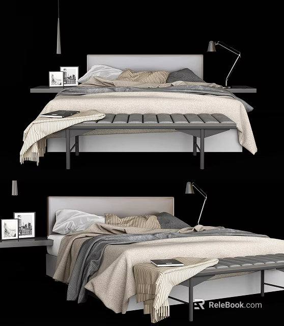 Modern Double Bed with Cozy Bedding Nightstand Table Lamp Photo Frames and Bench 3d model 