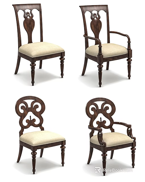 Wooden Dining Chairs With Carved Backrest Cream Upholstered Seats And Armrest Options 3d model 