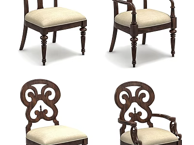 Wooden Dining Chairs With Carved Backrest Cream Upholstered Seats And Armrest Options 3d model