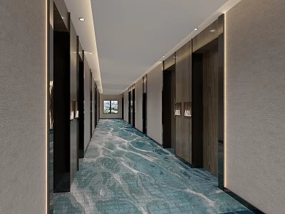 Hotel Corridor With Blue And White Wavy Pattern Carpet Light Colored Walls And Ceiling Lights 3d model