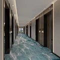 Hotel Corridor With Blue And White Wavy Pattern Carpet Light Colored Walls And Ceiling Lights 3d model