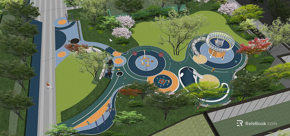 Vibrant Modern Playground Space With Colorful Circular Areas Trees Green Lawns And Pathways 3d model 