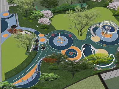 Vibrant Modern Playground Space With Colorful Circular Areas Trees Green Lawns And Pathways 3d model