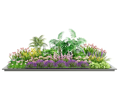 Vibrant Colorful Flowers And Green Ferns In Decorative Garden Planter 3d model