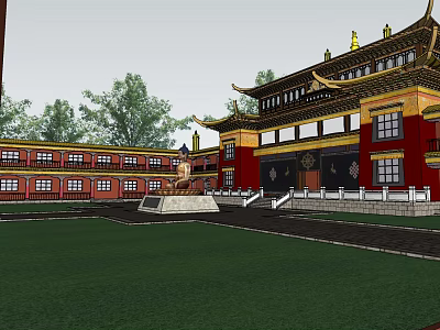 Traditional Chinese Ancient Architecture With Red Walls Ornate Eaves And Green Trees 3d model