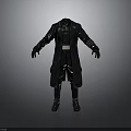 3D Model of Black Leather Long Coat With Belt And Long Sleeves In Standing Pose