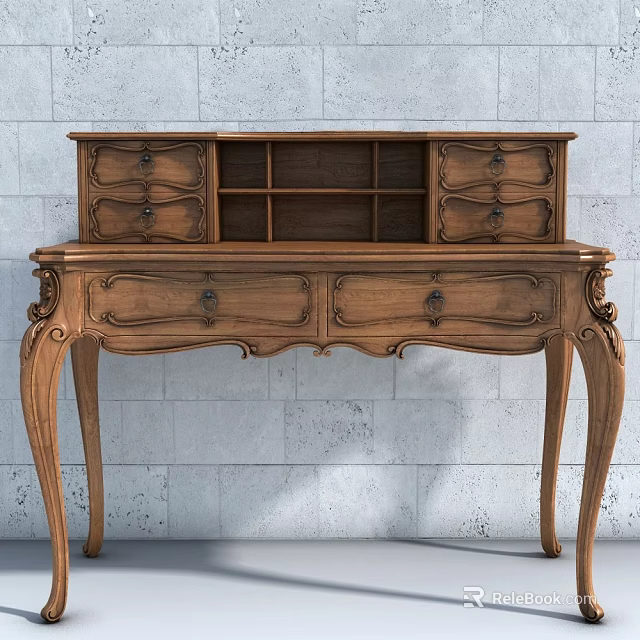 Vintage Wooden Desk With Carved Legs Drawers And Shelf Against Gray Brick Wall 3d model 