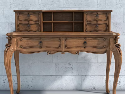 Vintage Wooden Desk With Carved Legs Drawers And Shelf Against Gray Brick Wall 3d model