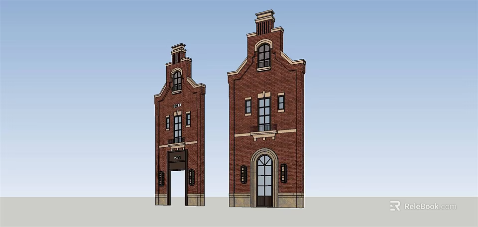 Traditional Red Brick Building Components Featuring Tower Structures Windows And Decorative Tops 3d model 
