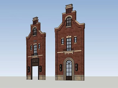 Traditional Red Brick Building Components Featuring Tower Structures Windows And Decorative Tops 3d model