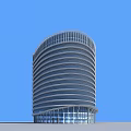Modern Office Building With Curved Facade And Horizontal Lines Featuring Multiple Floors And Roof Structures