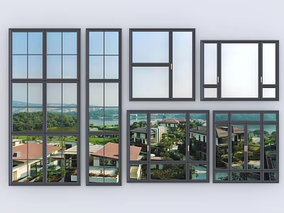 Various Casement Windows Styles With Large Glass Panels And Black Frames For Building Exteriors 3d model