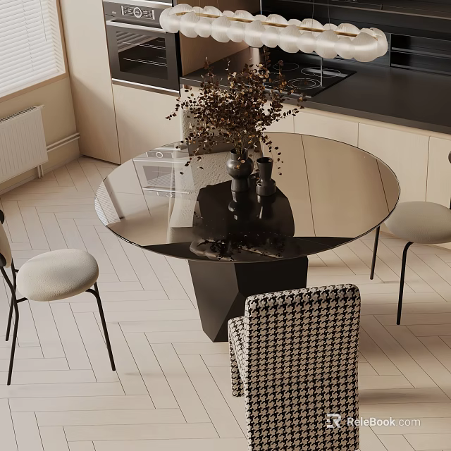Modern Round Glass Top Dining Table Set With Houndstooth Chair And Light Seats 3d model 