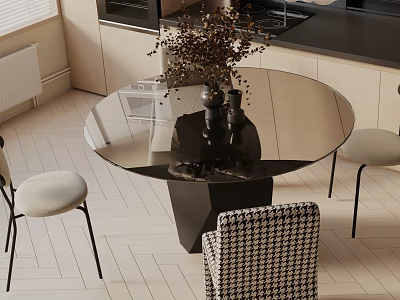 Modern Round Glass Top Dining Table Set With Houndstooth Chair And Light Seats 3d model