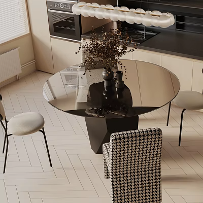Modern Round Glass Top Dining Table Set With Houndstooth Chair And Light Seats 3d model