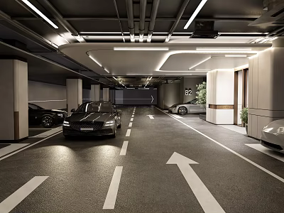Modern Parking Garage Interior With Parked Cars Well Lit Lanes And Directional Arrows 3d model