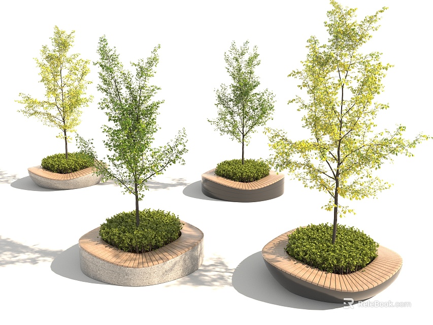Modern Curved Tree Planters With Stone Bases Wooden Edges And Lush Green Trees 3d model 
