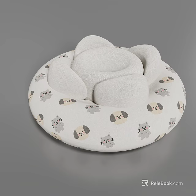 Cute Round Bean Bag Chair With White Cartoon Animal Head Patterns 3d model 