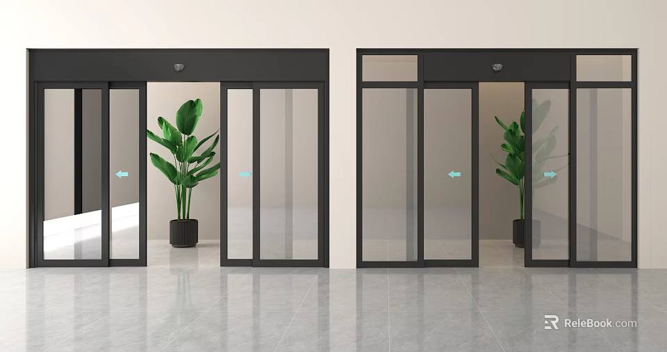 Modern Double Doors With Clear Glass Frame And Potted Green Plant In Interior Design 3d model 