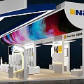 Modern Retail Store Exhibition Booth With White Sofas Display Cabinets And Colorful Screen