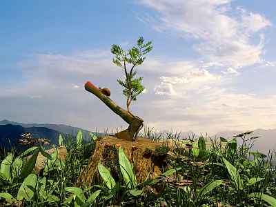 Stone Wood Stump Red Axe Growing Small Sapling with Green Plants Blue Sky and Mountains 3d model
