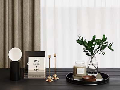 Modern Decorative Ornament Set With Green Plants Gold Candle Holders Tray Vase And Card Holder 3d model