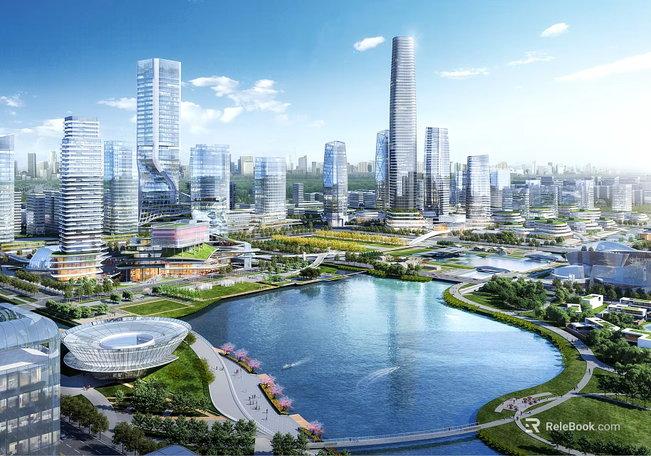 Modern Urban Architecture Complex With High Rise Skyscrapers And Waterfront Lake View 3d model 