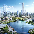 Modern Urban Architecture Complex With High Rise Skyscrapers And Waterfront Lake View