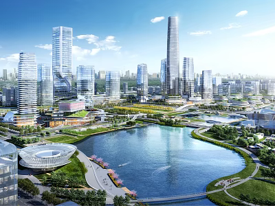Modern Urban Architecture Complex With High Rise Skyscrapers And Waterfront Lake View 3d model
