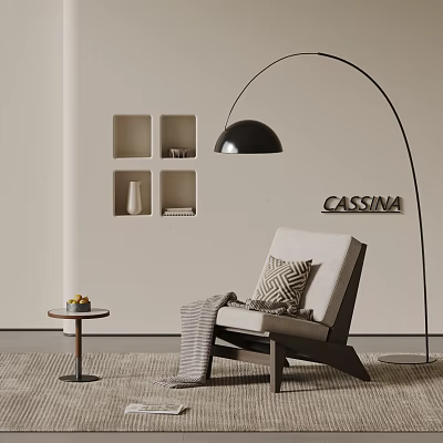 CASSINA Lounge Chair With Arched Floor Lamp Small Side Table Decorative Pillow And Throw Blanket 3d model