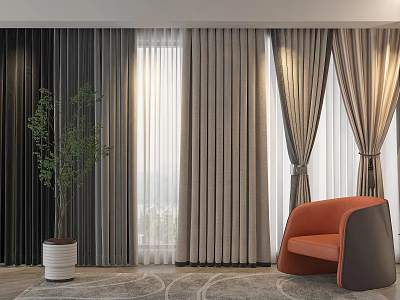 Modern Beige And Dark Curtains In Bright Room With Orange Chair And Green Plant 3d model