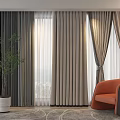 Modern Beige And Dark Curtains In Bright Room With Orange Chair And Green Plant