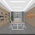 Modern Office Meeting Room with Long Conference Table Chairs Bookshelves Green Plant Motivational Wall Art