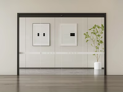 Minimalist Modern Interior With Glass Partition Framed Artworks And Green Potted Plant 3d model