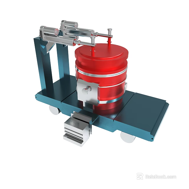 Industrial Mechanical Equipment With Red Cylinder And Blue Metal Frame On Wheels 3d model 