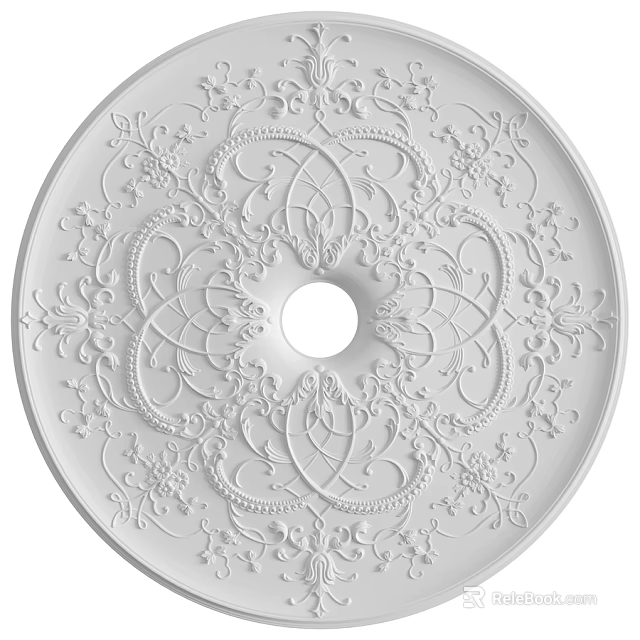 White Ornate Ceiling Medallion With Intricate Floral Patterns Central Circular Opening 3d model 