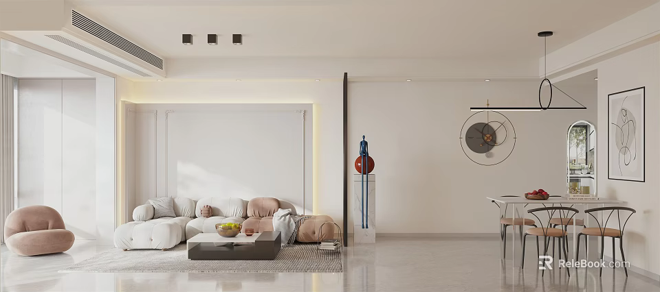 Stylish Living and Dining Room Interior with Comfortable Sofa Dining Table and Modern Lighting 3d model