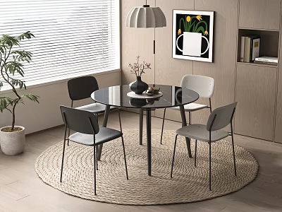 Modern Round Glass Top Dining Table Set with Four Chairs Woven Rug and Wall Art 3d model