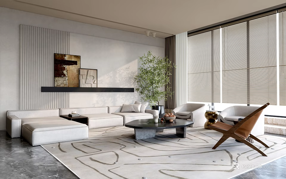 Modern Dining Table Set With Sofa Coffee Table Green Plant And Carpet 3d model