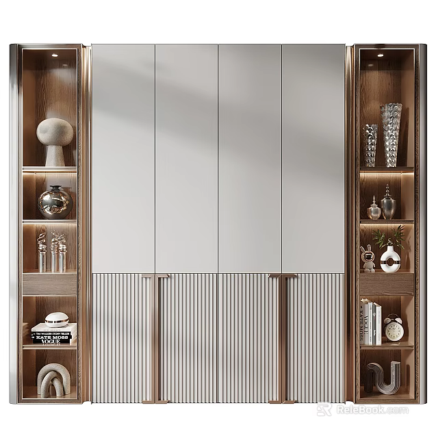 Modern Decorative Cabinet With Wooden Frame White Panels Open Shelves And Decorative Ornaments 3d model 