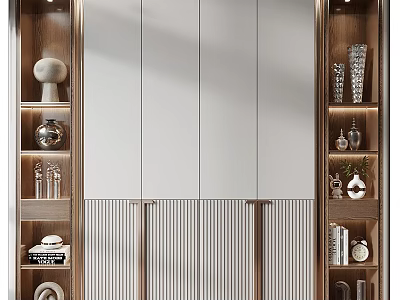 Modern Decorative Cabinet With Wooden Frame White Panels Open Shelves And Decorative Ornaments 3d model