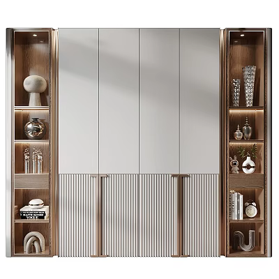 Modern Decorative Cabinet With Wooden Frame White Panels Open Shelves And Decorative Ornaments 3d model