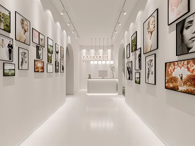 Bright White Wedding Dress Shop Corridor With Wall Mounted Bridal Photos And Reception Desk 3d model