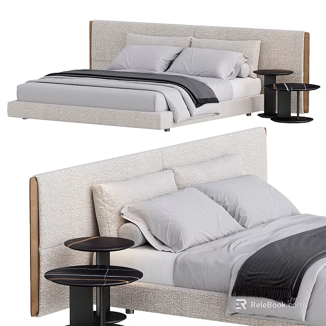 Modern Double Bed With Beige Fabric Headboard Gray Sheets And Black Side Table 3d model