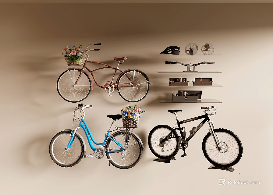 Home Interior With Wall Mounted Bicycles And Decorative Shelves With Flowers 3d model 