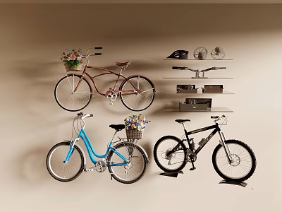 Home Interior With Wall Mounted Bicycles And Decorative Shelves With Flowers 3d model