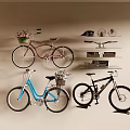 Home Interior With Wall Mounted Bicycles And Decorative Shelves With Flowers