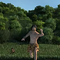 Blue Sky Over Green Meadow With Lush Forest And Primitive People Running In Animal Skin